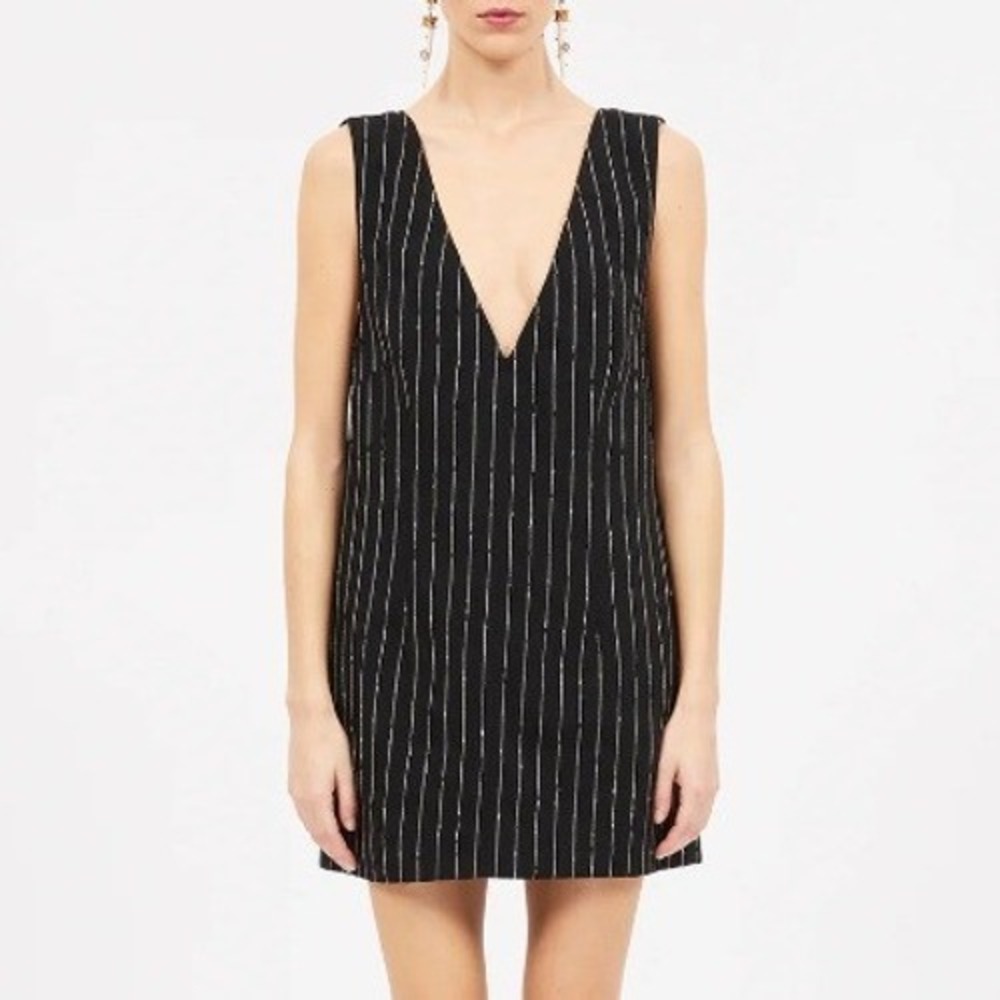 NWT ULLA JOHNSON Marta Mini Dress Noir Black Women Size 6 Pinstripes Deep V-Neck